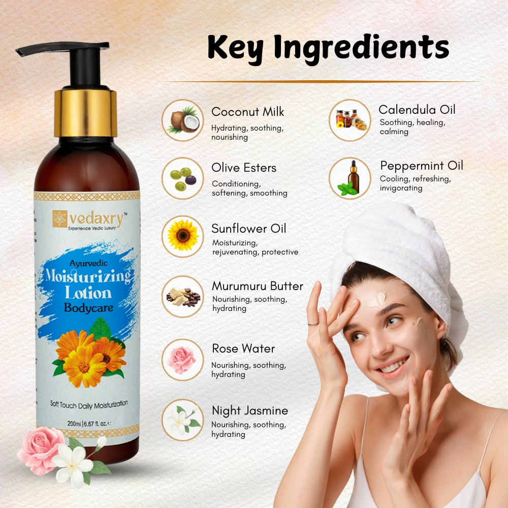 Vedaxry Ayurvedic Body Moisturizing Lotion for Soft & Hydrated Skin | Enriched With Olive Esters & Murumuru Butter-200ml