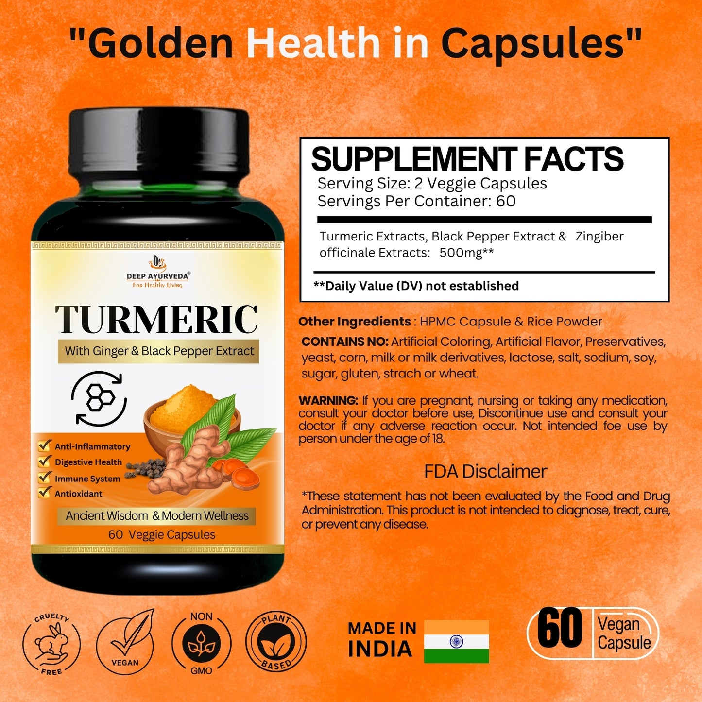 Turmeric Vegan Capsule With Piperine & Zingiber officinale | Digestive Health, Joint Health & Antioxidant Support-60 Capsule